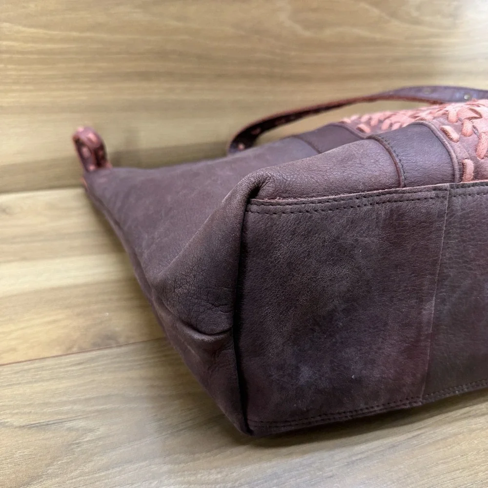 Mo & Co Large Burgundy Brown Leather Zip Top Tote Weave Woven Pink Boho Festival